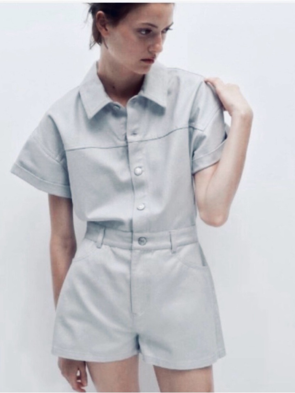 NWOT ZARA Metallic Denim Dusty Blue / Gray Shimmer Romper |Size XS - Picture 6 of 11